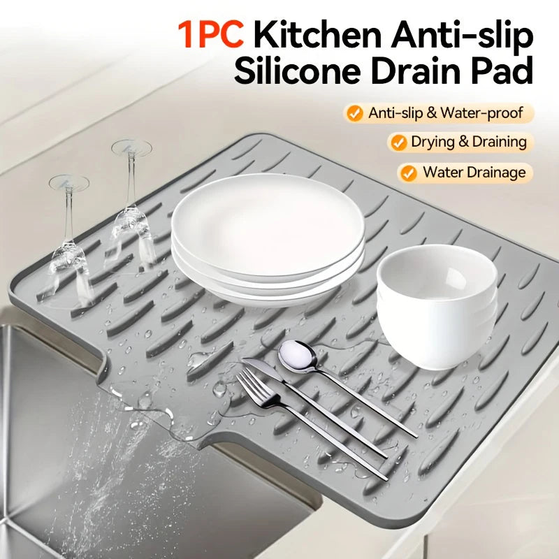 1pc Anti Slip Kitchen Silicone Drain Pad, Heat-Resistant Kitchen Counter Pad For Sinks, Silicone Tableware Drying Pad, Dish Rack